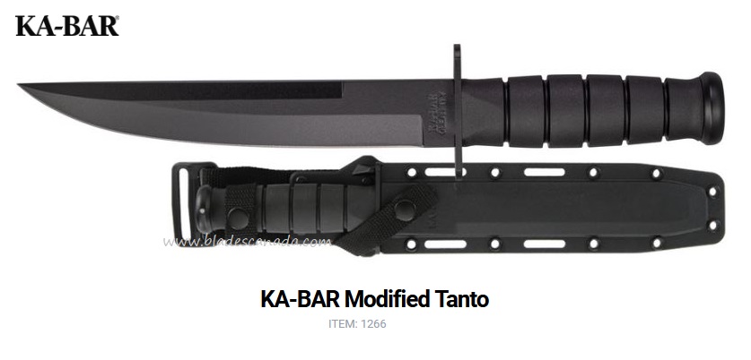 Ka-Bar Modified Tanto Fixed Blade Knife, 1095 Cro-Van, Hard Sheath, Ka1266