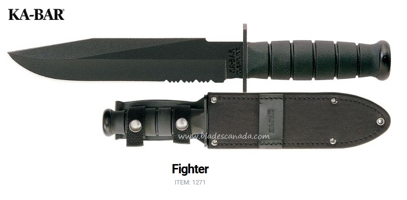 Ka-Bar Fighter Fixed Blade Knife, 1095 Cro-Van, Leather/Cordura Sheath, Ka1271