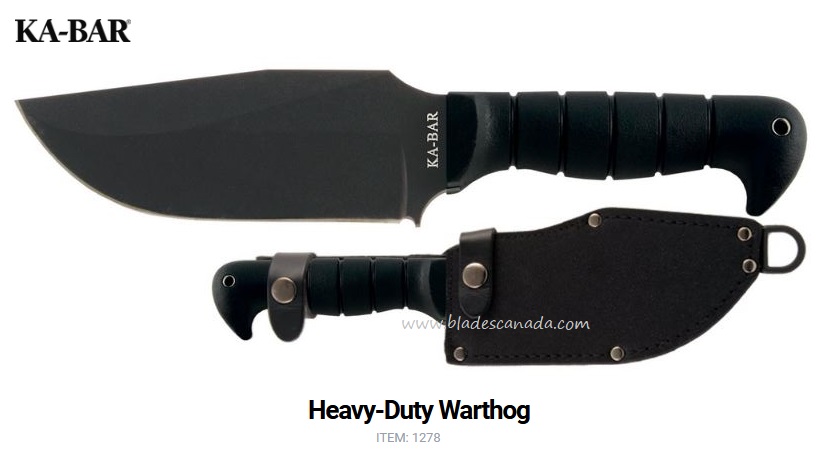 Ka-Bar Heavy Duty Warthog Fixed Blade Knife, SK5 Steel, Leather/Cordura Sheath, 1278