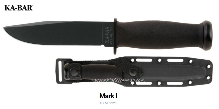 Ka-Bar Mark 1 Fixed Blade Knife, 1095 Cro-Van, Hard Sheath, Ka2221