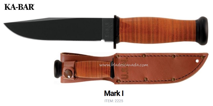 Ka-Bar Mark 1 Fixed Blade Knife, 1095 Cro-Van, Leather Handle, Leather Sheath, Ka2225