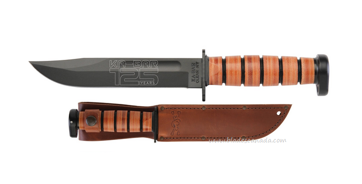 Ka-Bar Dog's Head 125th Anniversary Fixed Blade Knife, 1095 Cro-Van, Leather Handle, 9228