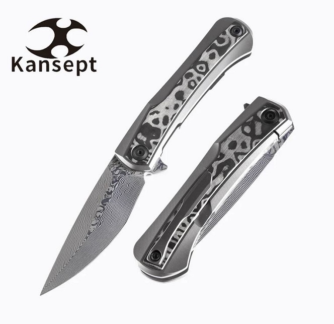 Kansept Kratos Flipper Framelock Knife, Damascus Blade, Carbon Fiber Black Rose, K1024A5