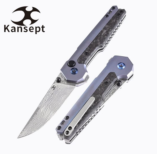 Kansept EDC Tactical Folding Knife, Damascus Blade, Titanium Blue/Shred Carbon Fiber, K2009A4