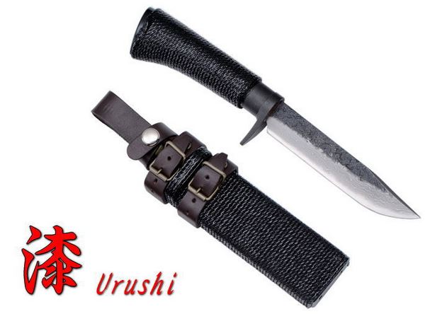 Kanetsune Urushi Fixed Blade Knife, Blue Steel Damascus, KB-203