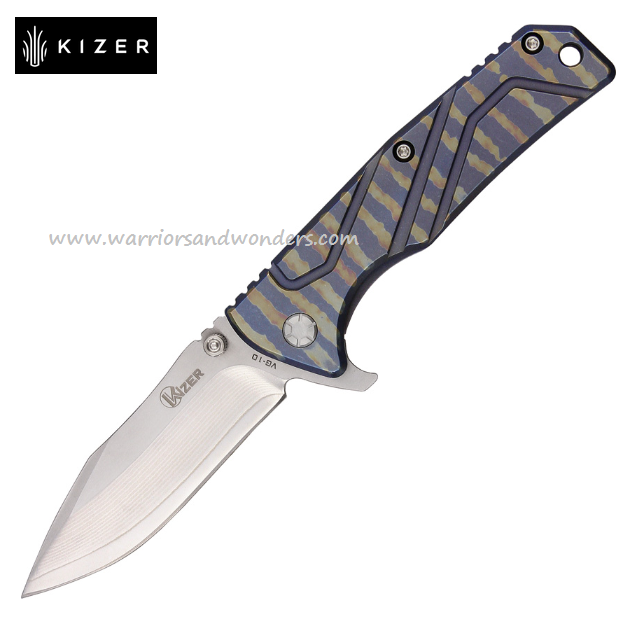 Kizer 302B Flipper Framelock Knife, Damascus/VG10, Titanium