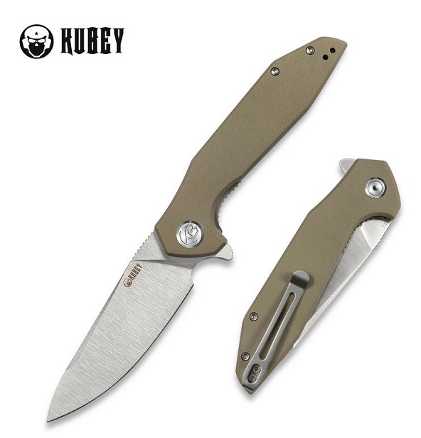 Kubey Nova Flipper Folding Knife, D2 Satin, G10 Tan, KU117F