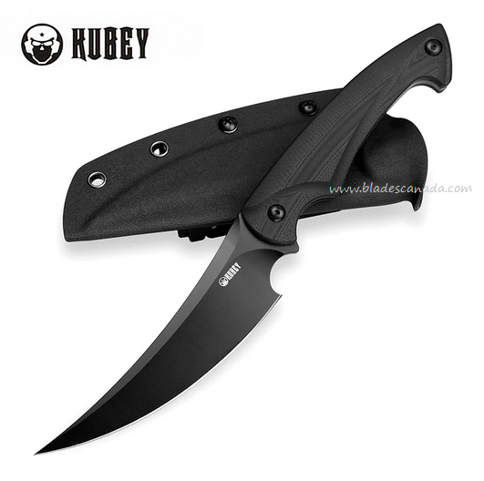 Kubey Scimitar Fixed Blade Knife, D2 Black, G10 Black, Kydex Sheath, KU213B