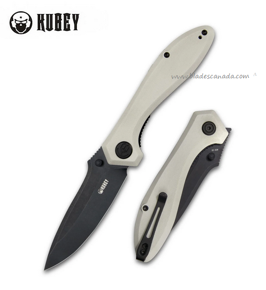 Kubey Ruckus Folding Knife, AUS10 Black SW, G10 Ivory, KU314D