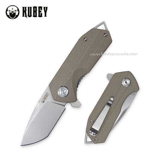 Kubey Campe Flipper Folding Knife, D2 Steel, G10 Striped Khaki, KU203G