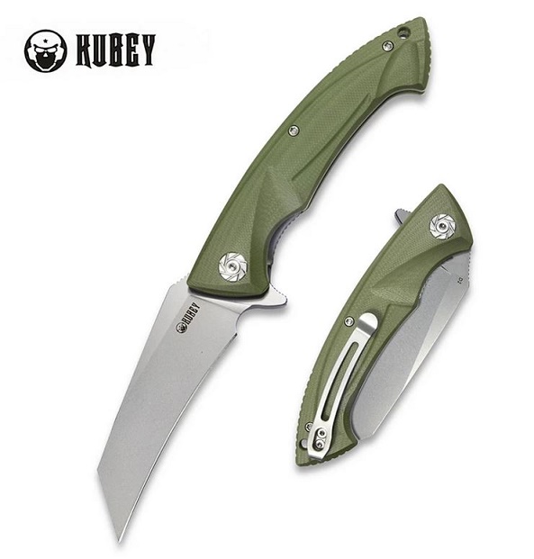 Kubey Anteater Flipper Folding Knife, D2 Hawkbill, G10 OD Green, KU212B
