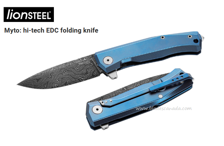 Lion Steel MT01D BL Myto Flipper Framelock Knife, Damascus, Titanium Blue