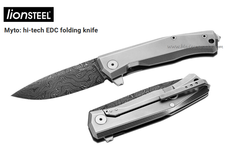 Lion Steel MT01D GY Myto Flipper Framelock Knife, Damascus, Titanium Grey
