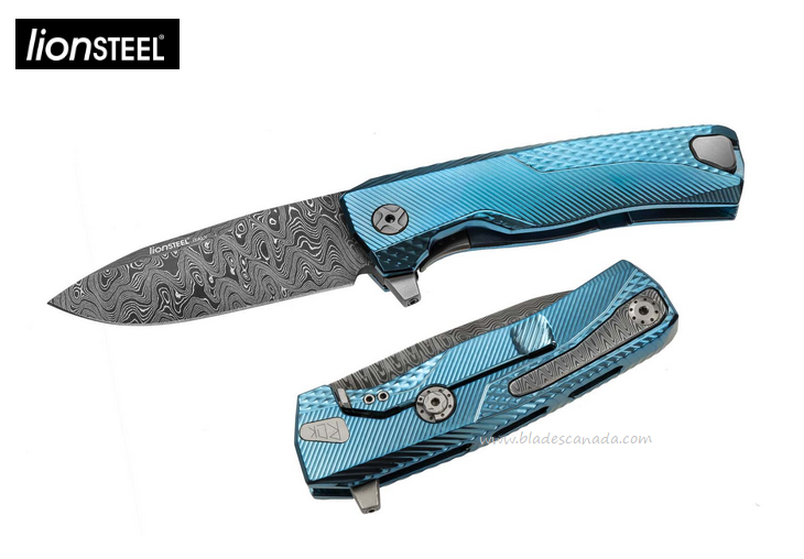 Lion Steel ROK DD BL Flipper Framelock Knife, Damascus, Titanium Blue