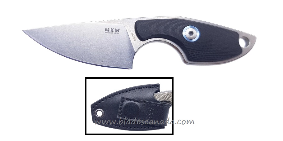 MKM Maniago Knives Mikro 1 M390 Steel, Black G10 Handle, Leather Sheath, MR01-GBK