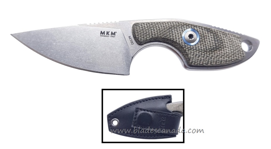 MKM Maniago Knives Mikro 1 M390 Steel, Green Micarta Handle, Leather Sheath, MR01-GC
