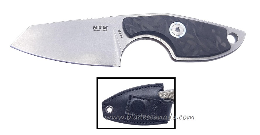 MKM Maniago Knives Mikro 2, M390 Steel Sheepsfoot Carbon Fiber, Leather Sheath, MR02-CF
