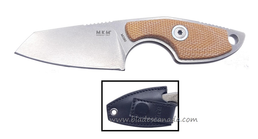 MKM Maniago Knives Mikro 2, M390 Steel Sheepsfoot Natural Micarta, Leather Sheath, MR02-NC
