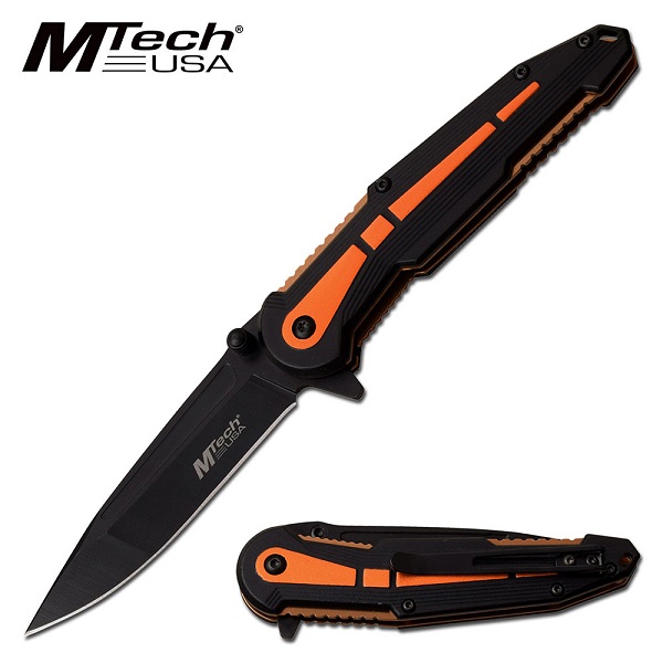 Mtech Knives Flipper Folding Knife, Black/Orange Aluminum Handle, Assisted Opening, MTA1077OR
