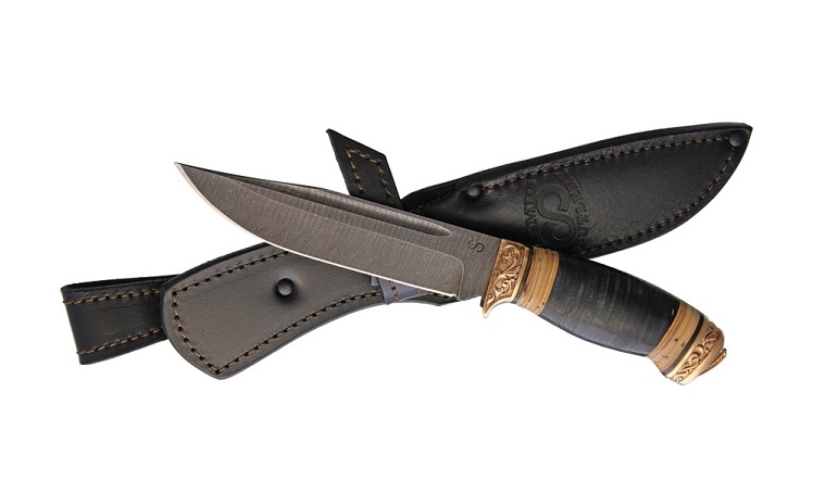Olamic Voykar HT Fixed Blade Knife, Damascus, Birch Bark, Leather Sheath, 96173