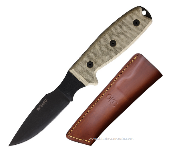 OKC RAT 3 Caper Fixed Blade Knife, Carbon Black, Micarta Tan, Leather Sheath, 8663