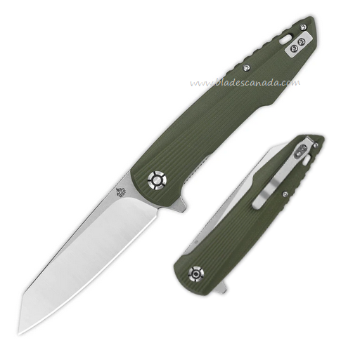 QSP Phoenix Flipper Folding Knife, D2 Satin/Stonewash, G10 Green, QS108-B1