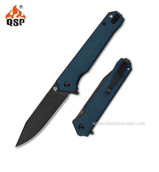 QSP Mamba V2 Flipper Folding Knife, D2 Black SW, Micarta Blue, QS111-H2