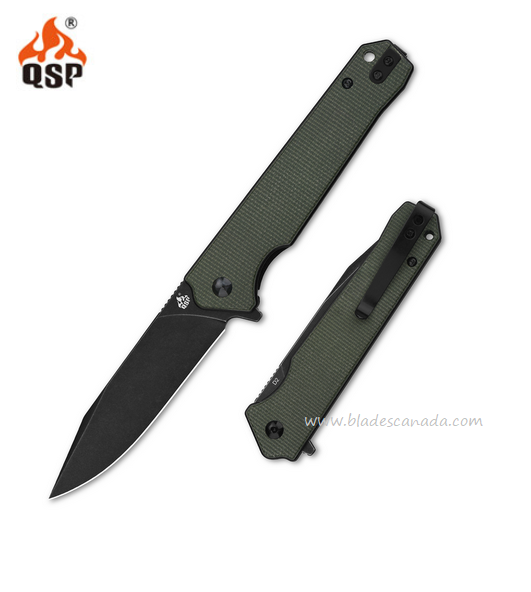 QSP Mamba V2 Flipper Folding Knife, D2 Black SW, Micarta Green, QS111-I2