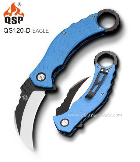 QSP Eagle Karambit Flipper Folding Knife, D2 Two-Tone, G10 Blue, QS120-D