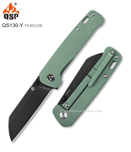QSP Penguin Framelock Folding Knife, 154CM SW, Titanium Green, QS130-Y