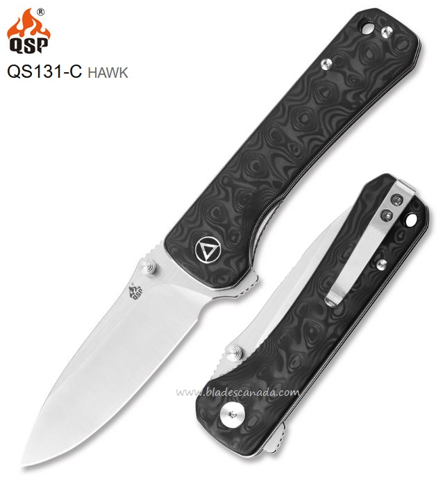 QSP Hawk Flipper Folding Knife, Damascus, Aluminum Foil Carbon Fiber, QS131-Q