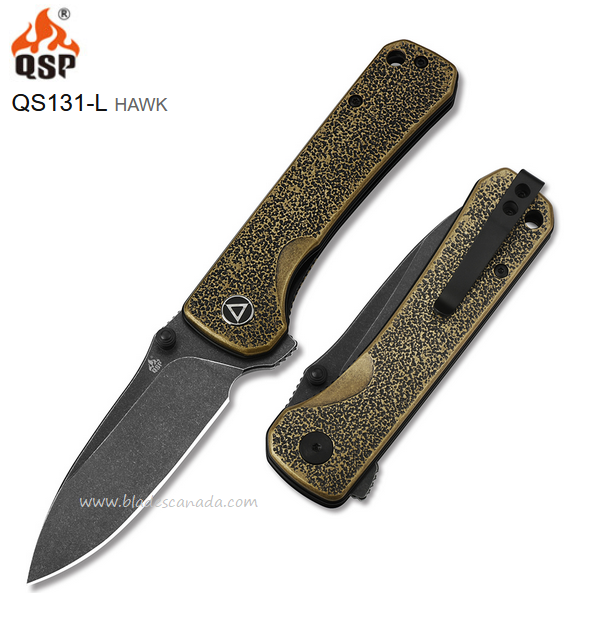 QSP Hawk Flipper Folding Knife, 14C28N Sandvik SW, Brass Handle, QS131-L
