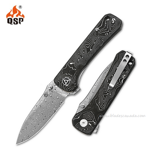 QSP Hawk Flipper Folding Knife, Damascus, Aluminum Foil Carbon Fiber, QS131-Q