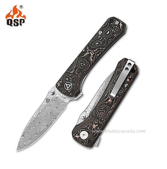 QSP Hawk Flipper Folding Knife, Damascus, Copper Foil Carbon Fiber, QS131-S