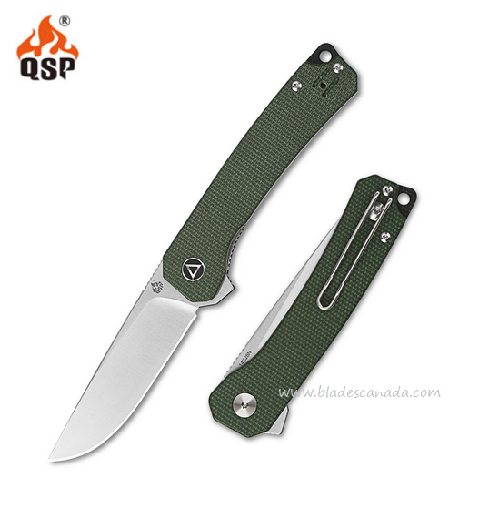 QSP Osprey Flipper Folding Knife, 14C28N Satin, Micarta Green, QS139-C