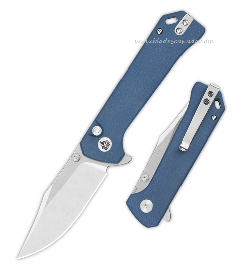 QSP Grebe Flipper Button Lock Knife, 14C28N SW, Micarta Blue, QS147-B1
