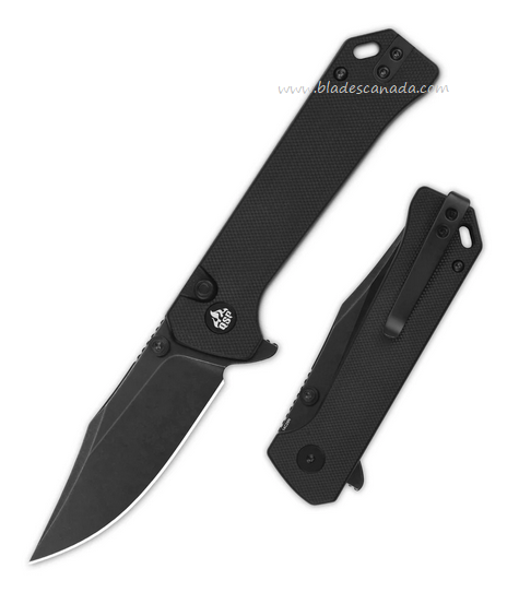 QSP Grebe Flipper Button Lock Knife, 14C28N Black SW, G10 Black, QS147-C2
