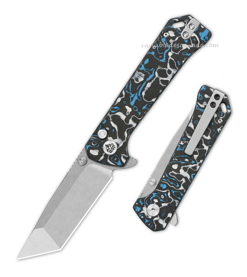 QSP Grebe T Flipper Button Lock Knife, S35VN SW, Carbon Fiber Black/Blue, QS148-H1