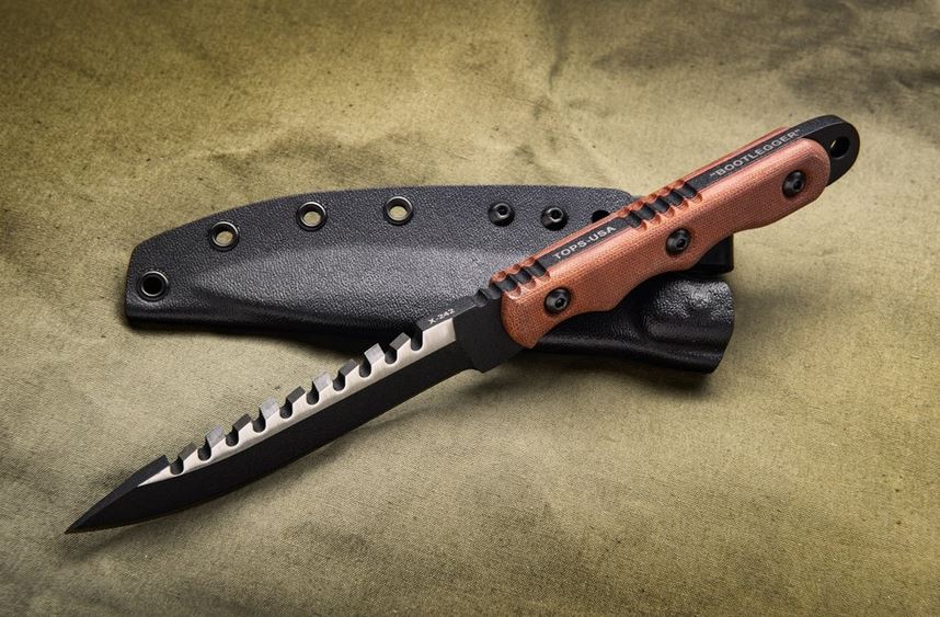 TOPS Ranger Bootlegger 2 Fixed Blade Knife, 1095 Carbon, Micarta, Kydex Sheath, RBL02