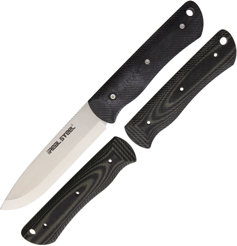 Real Steel Bushcraft Fixed Blade Knife, D2, G10 Black/Green, Kydex Sheath, 3714