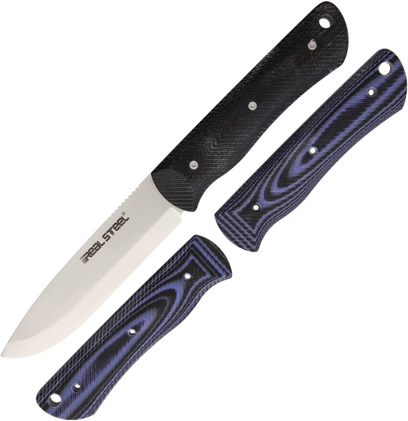 Real Steel Bushcraft Fixed Blade Knife, D2, G10 Black/Blue, Kydex Sheath, 3715