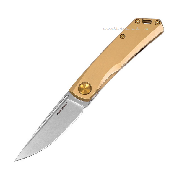 Real Steel Luna Eco Framelock Folding Knife, K110 Steel, Stainless Gold, 7085