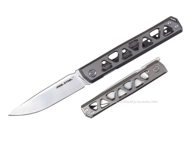 Real Steel Burns Flipper Framelock Knife, VG10 Satin, Titanium Grey, 7661