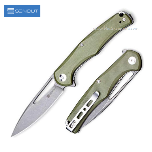 SENCUT Citius Flipper Folding Knife, Stonewash Blade, G10 OD Green, SA01A