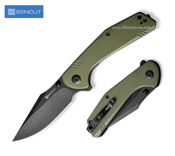 SENCUT Actium Flipper Folding Knife, D2 Black SW, G10 OD Green, SA02E