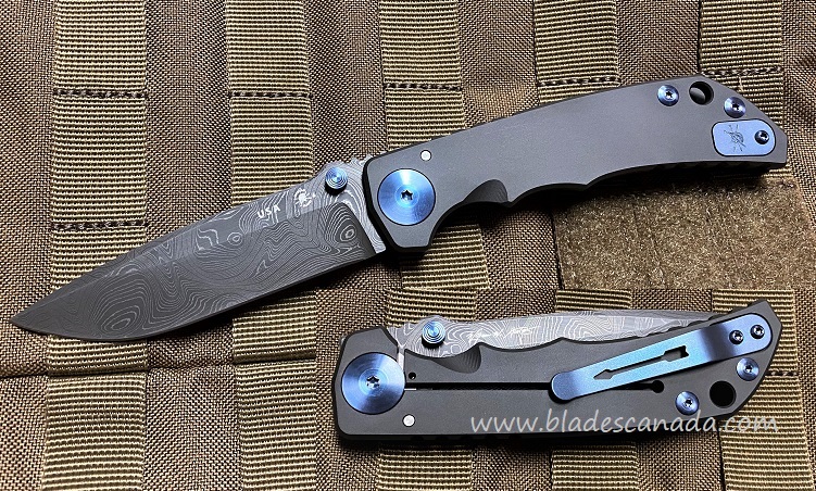Spartan Blades Harsey Folding Knife Black Edition, Damascus w/ Blue Hardware, SF5BKDamBlue