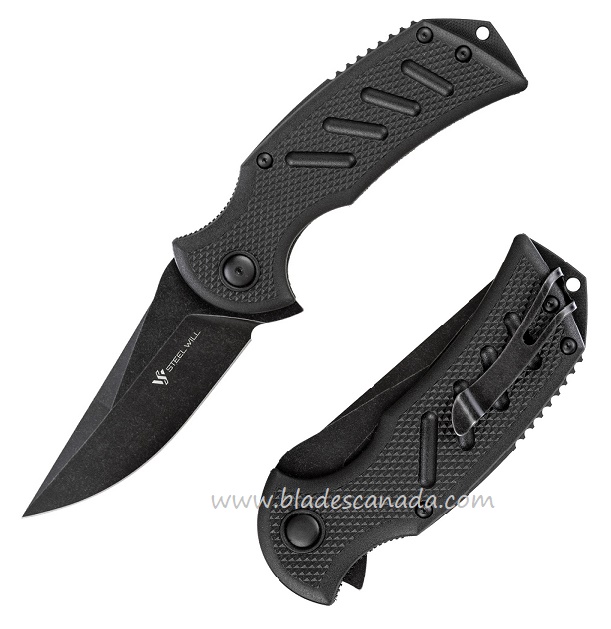 Steel Will Knives Censor Flipper Knife, Trailing Point Black D2, FRN F13-A3B
