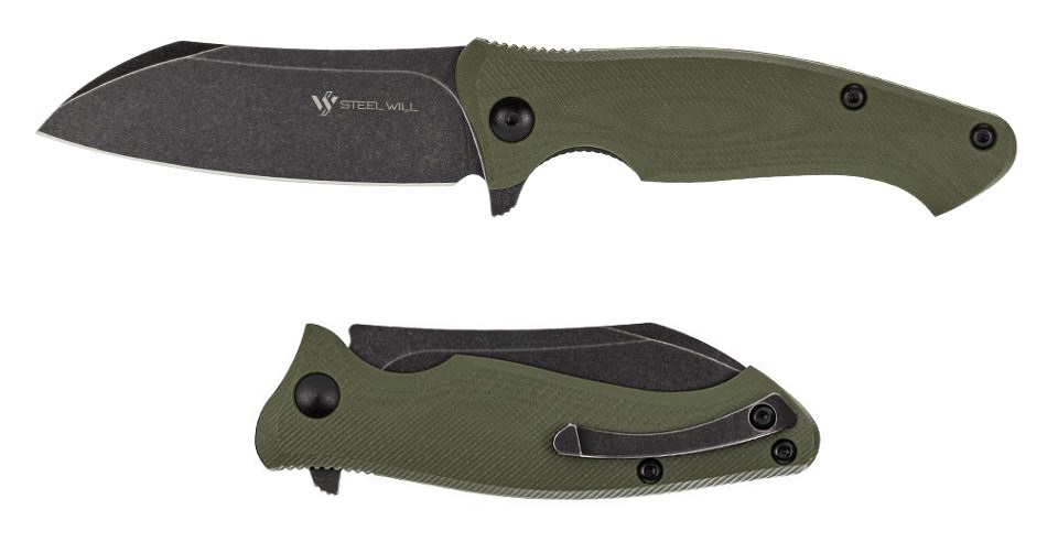 Steel Will Nutcracker Flipper Folding Knife, N690Co Black SW, G10 Green, F24-33