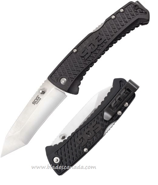 SOG Traction Lockback Folding Knife, Tanto, GRN Black, TD1012 - Click Image to Close