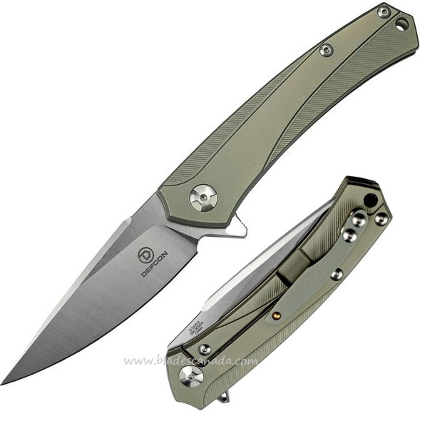 Defcon JK Barracuda Flipper Framelock Knife, D2 Satin, Titanium Green, TF3330-2